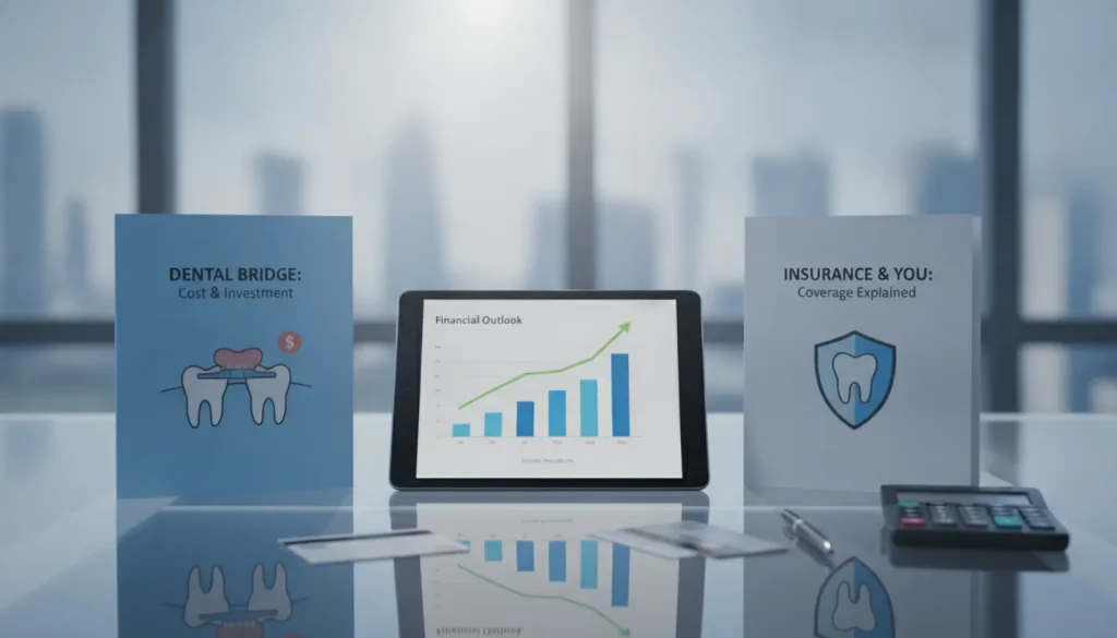 Dental bridge cost and insurance coverage paperwork beside a calculator and pen.